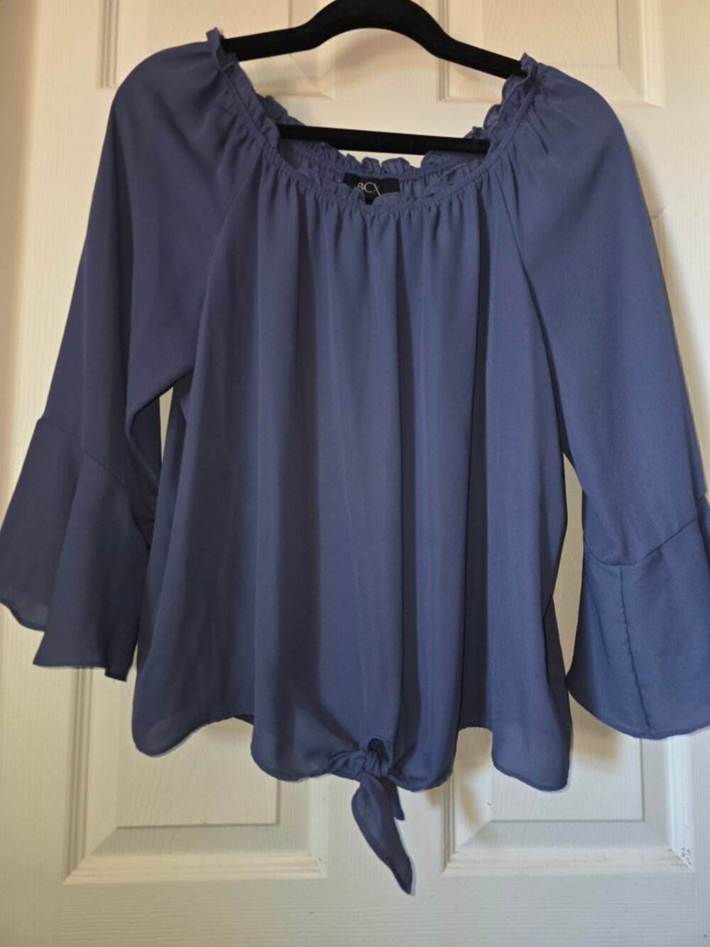 BCX Blue Off Shoulder Blouse L Bell Sleeve Tie Hem